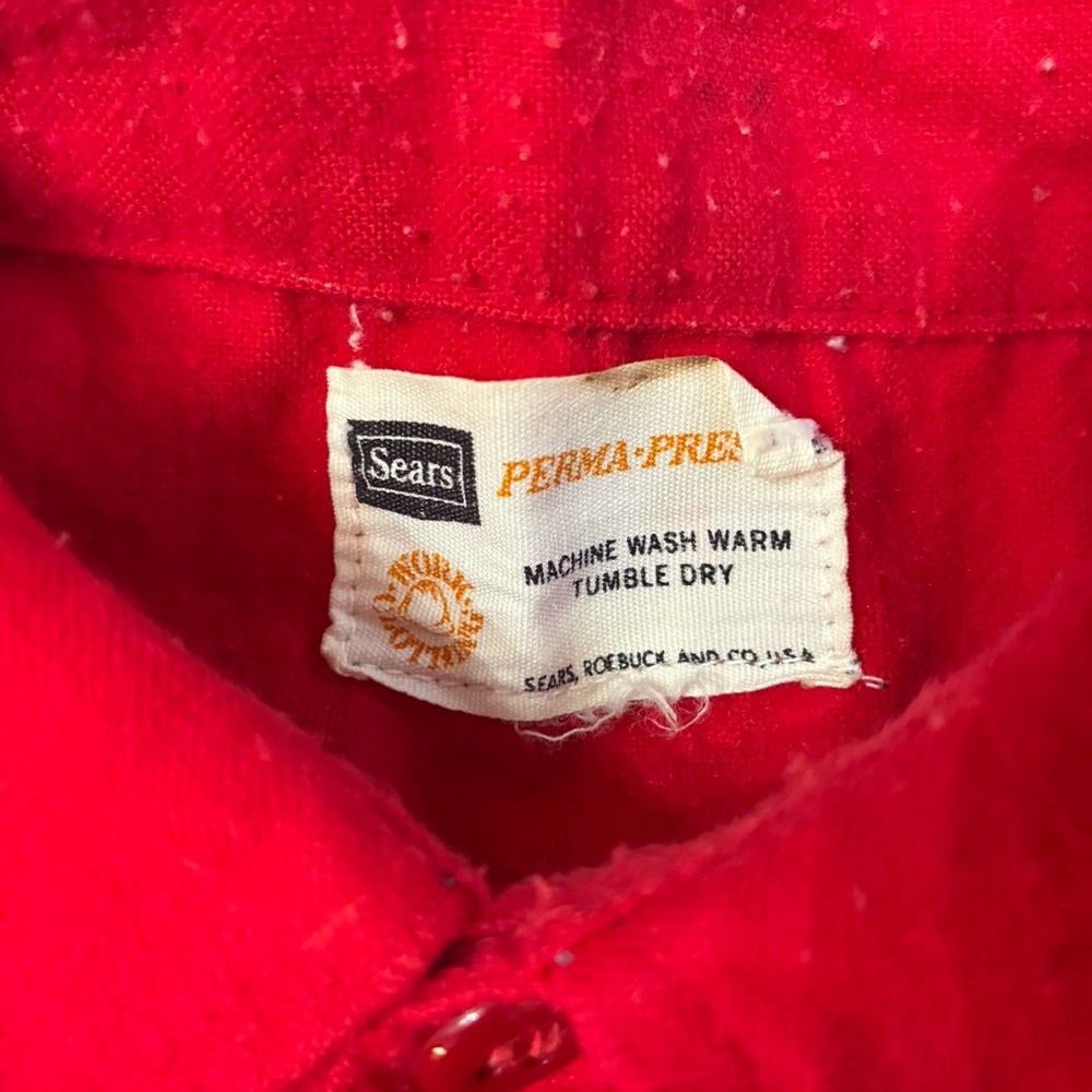 Vtg 70s Sears Roebuck Perma Prest Red Flannel Work Shirt Utility Mens L USA Made - Picture 2 of 7